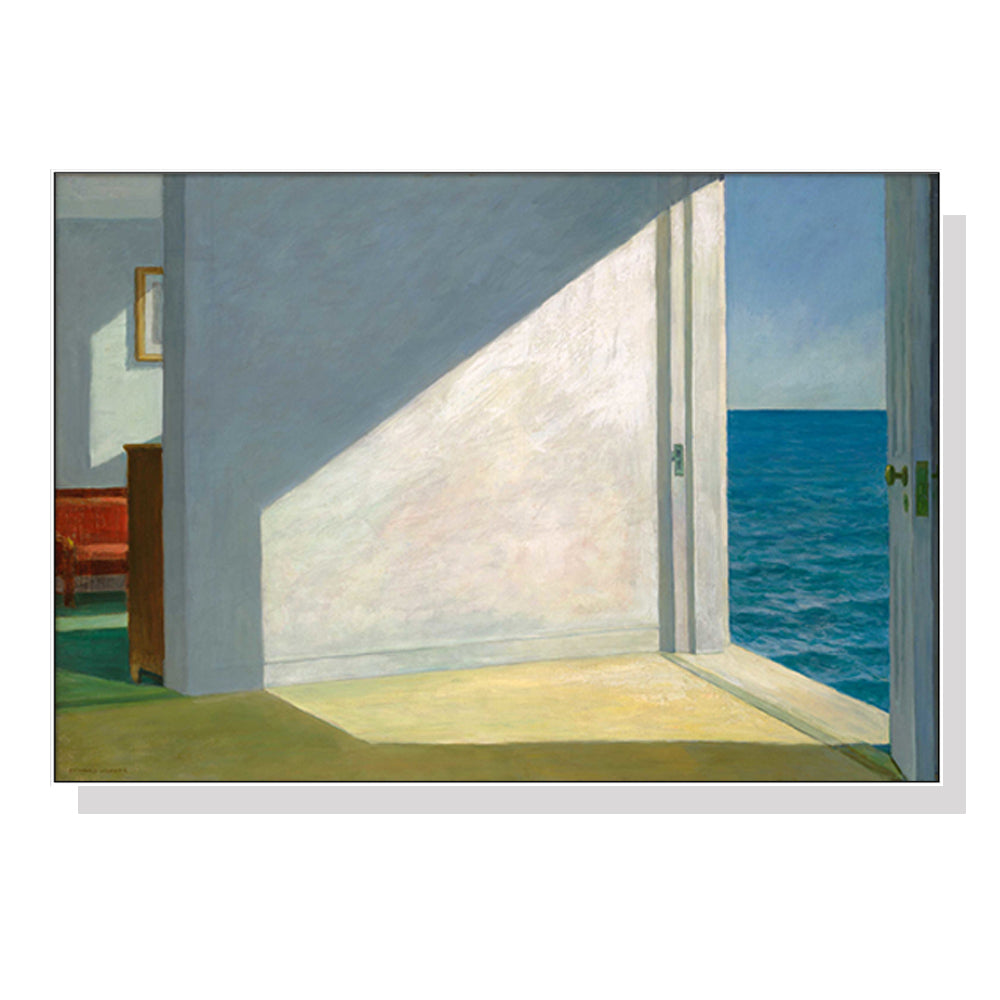 70cmx100cm canvas print of Room By The Sea by Edward Hopper, framed in a white floating frame, showcasing serene coastal imagery.